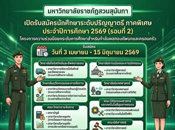 มหาวิทยาลัยราชภัฏสวนสุนันทา
เปิดรับสมัครนักศึกษาใหม่ ภาคพิเศษ
ระดับปริญญาตรี ประจำปีการศึกษา 2569
(โครงการความร่วมมือพัฒนายกระดับการศึกษากำลังพลทหารบกและครอบครัว)
(รอบที่ 2)