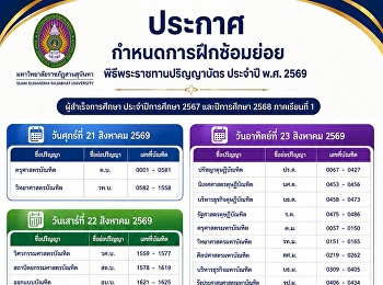 กำหนดการฝึกซ้อมย่อย
มหาวิทยาลัยราชภัฏสวนสุนันทาโดยตาราง
การแบ่งรอบบัณฑิตซ้อมย่อยที่จะรับพระราชทานปริญญาบัตร
ประจำปี พ.ศ. 2569
สำหรับผู้สำเร็จการศึกษา ประจำปีการศึกษา
2567 และปีการศึกษา 2568 ภาคเรียนที่ 1